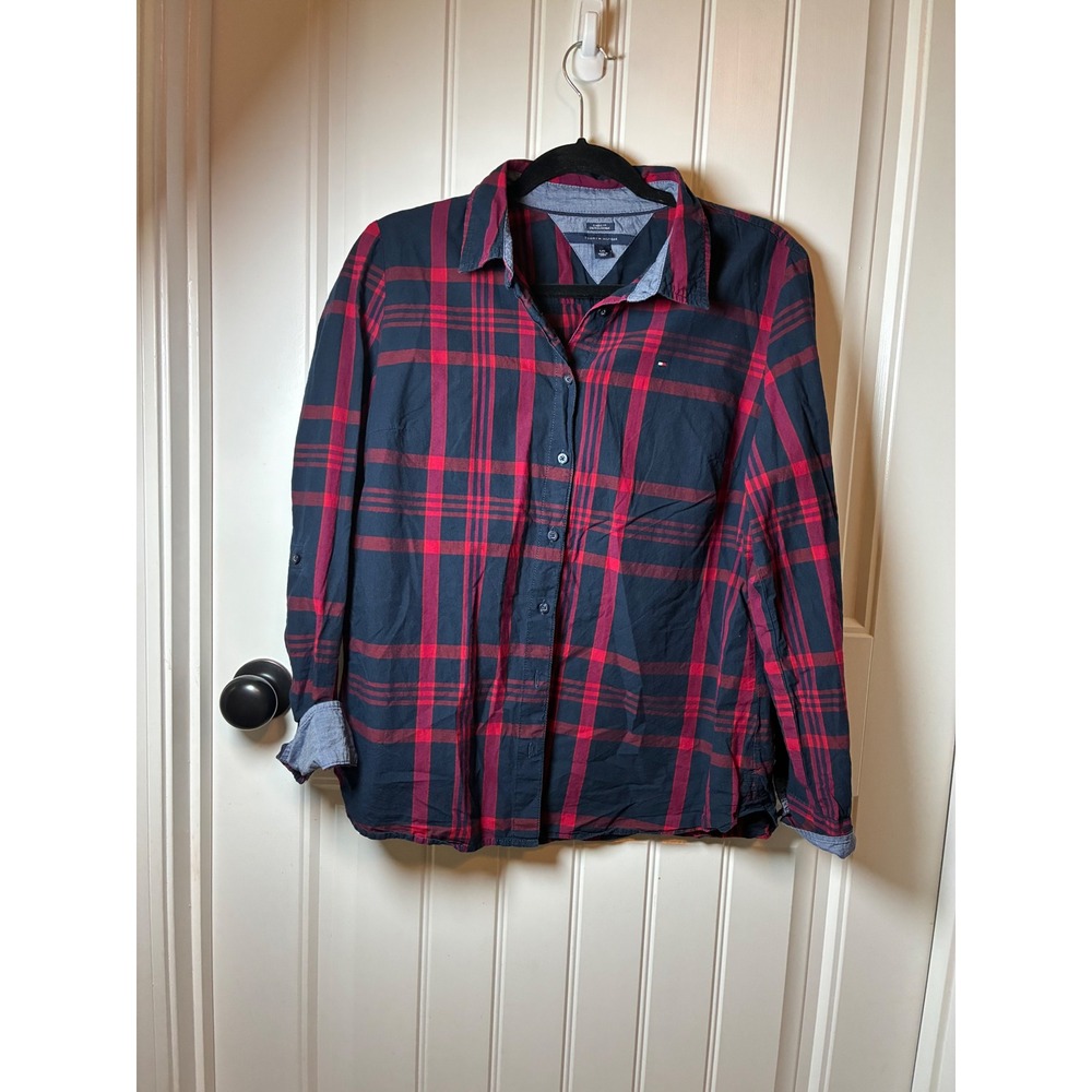 Tommy Hilfiger Kids Red Navy Blue Plaid Button Down Shirt Classic Fit Large L/G